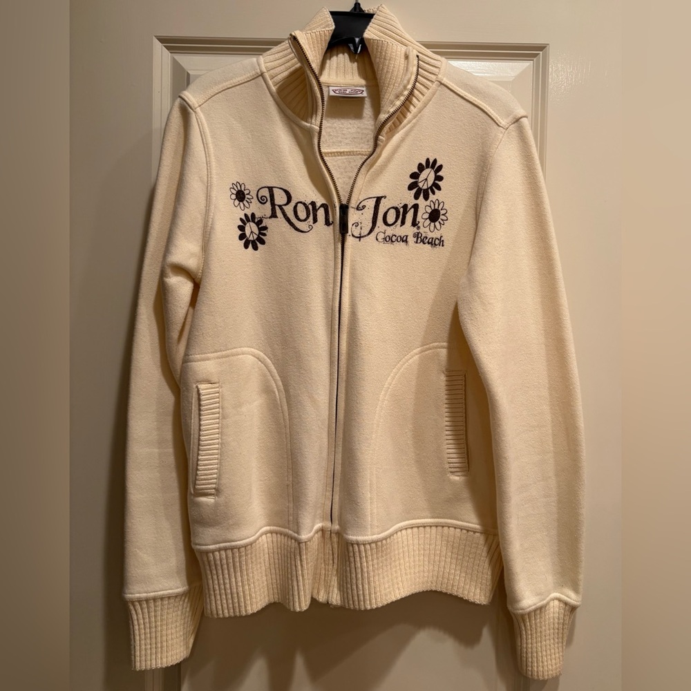 Ron Jon Cream Fleece-Lined zip up Jacket. Cocoa Beach logo.